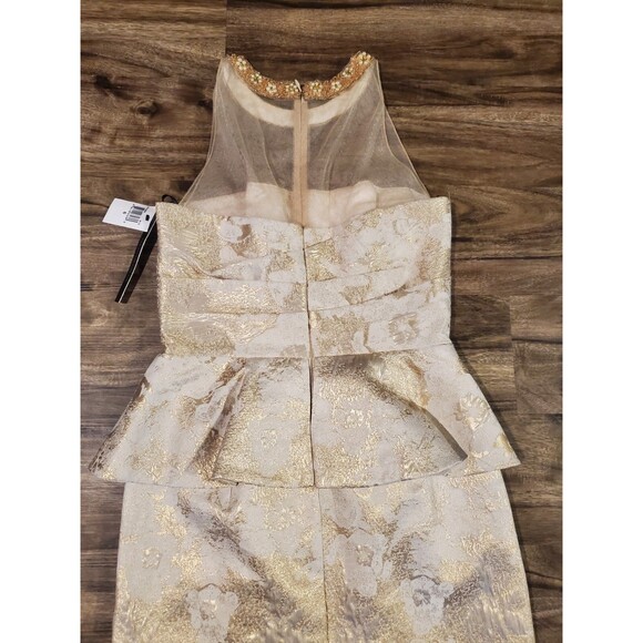$628 David Meister Women Size 6 Sleeveless Illusion Peplum Gown Dress Gold Cream - Picture 9 of 9